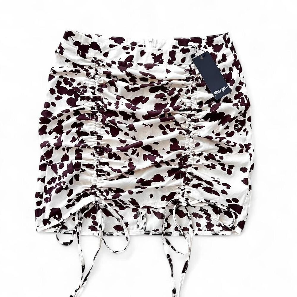 Brown Cream Cow Print Ruched Mini Skirt Women’s M